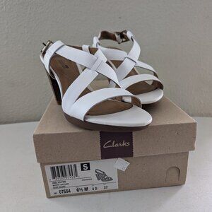 6.5 Clarks Jaelyn Fog White Leather Strappy Heels Dress Sandals Women's Size 6.5